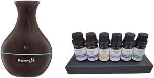 Renewgoo Ultimate Aromatherapy Bundle: Color-Changing Vase Aroma Diffuser Humidifier and Mist Maker with 6-Piece Essential Oils Set, Therapeutic Calm and Relaxation, Dark Brown