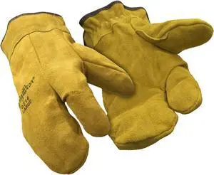 RefrigiWear Sherpa Lined Three Finger Split Cowhide Leather Mitten Gloves (Gold, X-Large)
