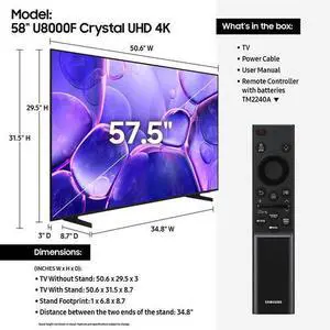 Samsung Crystal UHD U8000F 58-Inch 4K Smart TV in Black - UN58U8000FFXZA