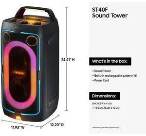 Samsung ST40F Sound Tower Portable Party Speaker with Built-in Battery, Bluetooth, IPX4 Splash Resistant, Directional Sound, Up to 12 Hours Battery Life, MX-ST40F/ZA