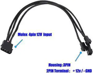 2Pcs Molex to 3 x 3 pin Fan 20cm Y Splitter Power Cable 12v Black Sleeved