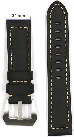 Black 22mm or 24mm Genuine Leather Wristwatch Watch Band  Vintage Watchband for Men with Stainless Buckle
