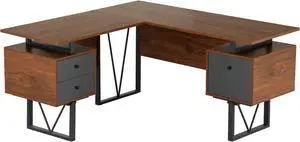 Techni Mobili Reversible L-Shape Computer Desk with Storage Drawers and File Cabinet, Workstation Table with engineered wood and PVC Laminate Veneer Surface, Walnut