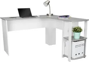 Techni Mobili Modern L-Shaped Computer Desk with Side Shelves, Workstation Table with Particle Board Panels and Woodgrain Laminate Surface, Grey