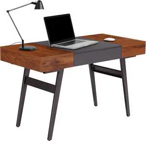 Techni Mobili Writing Desk with Dual Side and Pull-Out Front Drawer, Workstation Computer Desk with Particle Board Panels and Coated Grey Steel Frame, Mahogany
