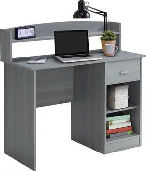 Techni Mobili Modern Office Desk with Multiple Storage and Hutch, Computer Desk with Particle Board Panels and PVC Laminate Veneer Surface, Grey