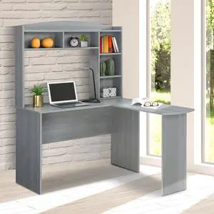 Techni Mobili Modern L- Shaped Computer Desk with File Cabinet and Storage, Workstation Table with MDF Panels and Woodgrain Laminate Surface, Grey