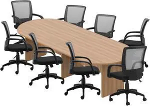 GOF 10 FT Racetrack Conference Table w/ 8 Chairs Set for Home Office, School, Library, Board Room, Meeting Room, Break Room - Sturdy Table & Comfortable Chairs for Meetings with Laptops (Walnut)