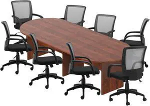 GOF 10 FT Racetrack Conference Table w/ 8 Chairs Set for Home Office, School, Library, Board Room, Meeting Room, Break Room - Sturdy Table & Comfortable Chairs for Meetings with Laptops (Dark Cherry)
