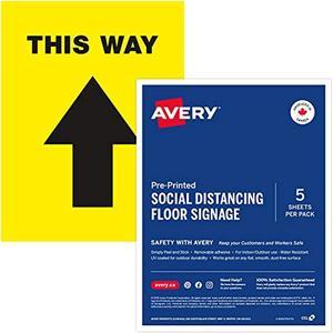 Avery"This Way" Social Distancing Floor Signage Decal, Rectangle, 8.5" X 11", Yellow, Pack of 5 Labels, English Version (83022)