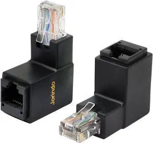 CERRXIAN 90 Degree Ethernet LAN RJ45 Male to Female, Right Angle Network Cat5 / Cat5e / Cat6 Extender Adapter(2-Pack) Black,(Up Angle)