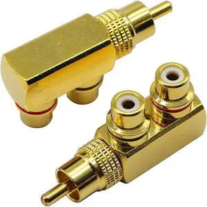 zdyCGTime RCA Splitter Adapter,90 Degree Right Angle RCA Male to 2 RCA Female Plug Audio Video Splitter Adapters Gold-Plated Metal Connector M/F(2 Pack)