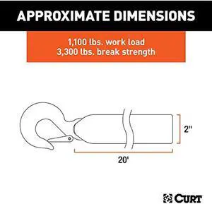 CURT 29451 2" x 20' Class 3 Hitch Winch Strap with Zinc Hook