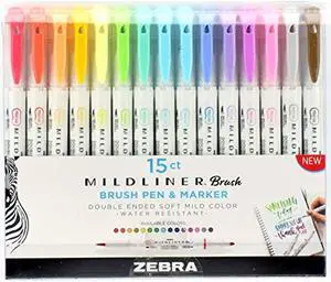 Zebra Pen Mildliner Double Ended Brush and Fine Tip Pen, Assorted Colors, 15-Count