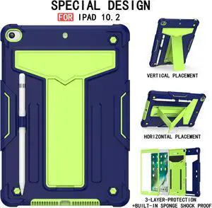EpicGadget Case for iPad 10.2 (9th/8th/7th Gen) 2021/2020/2019, Protective Rugged Hybrid Case with Kickstand Pencil Holder Cover Case for Apple 10.2 inch iPad 9th/8th/7th Generation - Navy Blue/Green