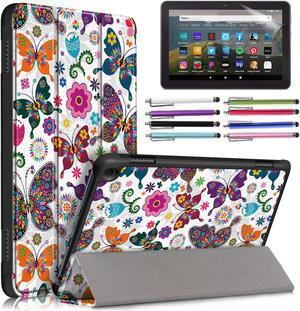 EpicGadget Amazon Fire HD 8 & HD 8 Plus Case (12th Generation/10th Generation, 2022/2020 Release) Slim PU Leather Trifold Stand Cover Auto Wake/Sleep Case with Screen Protector and Stylus (Butterfly)
