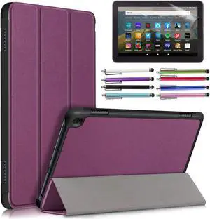 EpicGadget Amazon Fire HD 8 & HD 8 Plus Case (12th Generation/10th Generation, 2022/2020 Release) Slim PU Leather Trifold Stand Cover Auto Wake/Sleep Case with Screen Protector and Stylus (Purple)