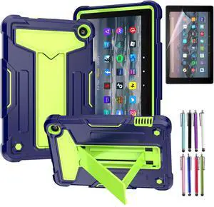 Epicgadget Case for Amazon Fire 7 / 7 Kids - Dual Layer Protective Hybrid Cover Case With T-stand For Amazon Fire 7 12th Gen / 7 Kids 7" 2022 Tablet - Navy Blue/Green