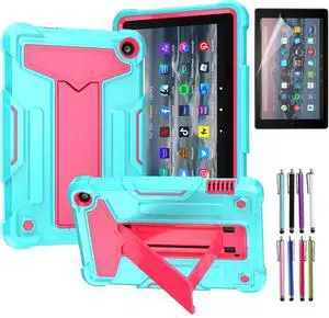 Epicgadget Case for Amazon Fire 7 / 7 Kids - Dual Layer Protective Hybrid Cover Case With T-stand For Amazon Fire 7 12th Gen / 7 Kids 7" 2022 Tablet - Teal/Pink