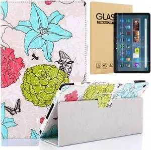 For Amazon Fire Max 11 Case + 2 Tempered Glass Screen Protector for Amazon Fire Max 11" Tablet (13th Generation, 2023 Released)- Lightweight Slim Folding Stand Case Auto Wake/Sleep Folio Cover- Flower