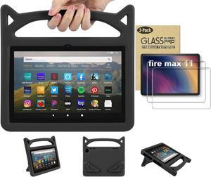 Amazon Fire Max 11 Tablet Case for Kids (13th Generation, 2023 Release) - Lightweight Shockproof Kids Case with Handle Stand + 2 Tempered Glass Screen Protector for Amazon Fire Max 11" Tablet (Black)