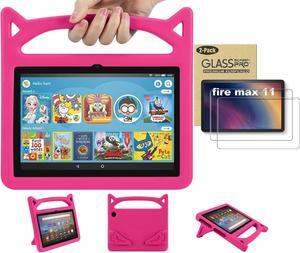 Amazon Fire Max 11 Tablet Case for Kids (13th Generation, 2023 Release) - Lightweight Shockproof Kids Case with Handle Stand + 2 Tempered Glass Screen Protector for Amazon Fire Max 11" Tablet (Pink)