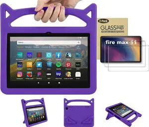 Amazon Fire Max 11 Tablet Case for Kids (13th Generation, 2023 Release) - Lightweight Shockproof Kids Case with Handle Stand + 2 Tempered Glass Screen Protector for Amazon Fire Max 11" Tablet (Purple)