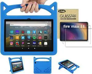 Amazon Fire Max 11 Tablet Case for Kids (13th Generation, 2023 Release) - Lightweight Shockproof Kids Case with Handle Stand + 2 Tempered Glass Screen Protector for Amazon Fire Max 11" Tablet (Blue)