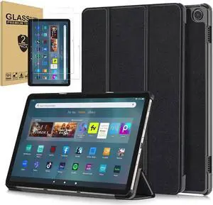 Case for Amazon Fire Max 11 (13th Generation, 2023 Release) Slim Tri-fold Stand Hard Back Shell Protective Smart Cover with [2 Pack] Amazon Fire Max 11" Tempered Glass Screen Protector (Black)