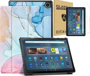 Case for Amazon Fire Max 11 (13th Generation, 2023 Release) Slim Tri-fold Stand Hard Back Shell Protective Smart Cover with [2 Pack] Amazon Fire Max 11" Tempered Glass Screen Protector (Marble Blue)