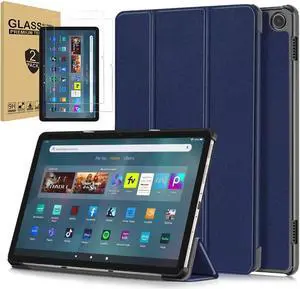 Case for Amazon Fire Max 11 (13th Generation, 2023 Release) Slim Tri-fold Stand Hard Back Shell Protective Smart Cover with [2 Pack] Amazon Fire Max 11" Tempered Glass Screen Protector (Blue)
