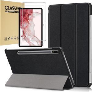 Smart Case + 2 Tempered Glass Screen Protector for Samsung Galaxy Tab S8+ Plus / Galaxy Tab S7 FE 5G / Galaxy Tab S7+ Plus (12.4 Inch) Shockproof Folio Stand Case + 2 Pack Tempered Glass (Black)