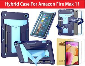 Amazon Fire Max 11 Case with 2 Tempered Glass Screen Protector - Heavy Duty Shockproof Rugged Kickstand Pencil Holder Cover for Amazon Fire Max 11" Tablet (2023 release, 13th generation) - Blue/Blue