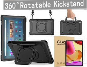 Amazon Fire Max 11 (2023 Release) Tablet Case with Tempered Glass Screen Protector - Military Grade Heavy Duty Rugged Shockproof Protective Cover with 360° Rotatable Stand, Pencil Holder - Blac/Black