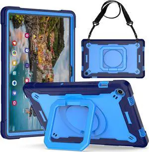 Case for Samsung Galaxy Tab A9 Plus / Tab A9+ 11 Inch (SM-X210/X215/X216/X218) 2023 - Heavy Duty Impact Resistant Case Shockproof Cover with Rotating Ring Stand and Shoulder Strap (Navy Blue/Blue)