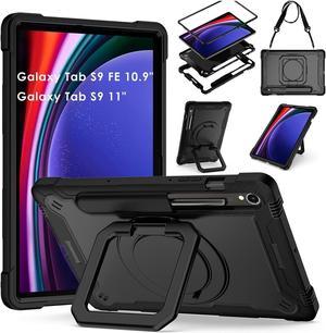 Case for Samsung Galaxy Tab S9 FE 5G 10.9" / Tab S9 11" Tablet Case SM-X710/X716B/X718U /X510/X516B/X518U - Protective Hybrid Shockproof 360 Rotating Ring Stand Case with Shoulder Straps (Black/Black)