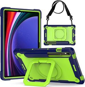 Case for Samsung Galaxy Tab S9 FE 5G 10.9" / Tab S9 11" Tablet Case SM-X710/X716B/X718U /X510/X516B/X518U - Protective Hybrid Shockproof 360 Rotating Ring Stand Case with Shoulder Straps (Blue/Green)