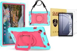 Case for Samsung Galaxy Tab A9+ 11'' with Tempered Glass Screen Protector Shoulder Strap Handle Grip 360 Rotating Stand Cover for Galaxy Tab A9 Plus 5G 11-inch 2023 (SM-X210/X216/X218U) (Teal/Pink)