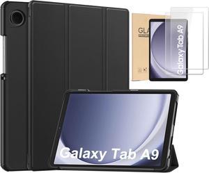 Case for Samsung Galaxy Tab A9 Case 8.7 Inch 2023 with 2 Screen Protector Tempered Glass, Lightweight Tri-Fold Stand Smart Cover for Samsung Galaxy Tab A9 8.7" Tablet SM-X110/ SM-X115/ SM-117 (Black)