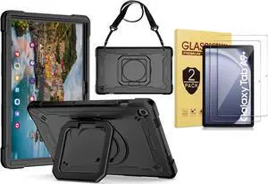Case for Samsung Galaxy Tab A9+/ A9 Plus 11 inch with Tempered Glass Screen Protector - Shoulder Strap Handle Grip Rotating Stand Cover for Galaxy Tab A9 Plus 5G 11'' (SM-X210/X216/X218) - Black/Black