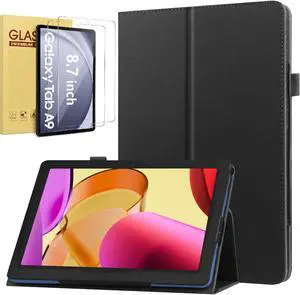Galaxy Tab A9 (SM-X110/ SM-X115/ SM-X117) Case with 2PCS Tempered Glass Screen Protector for Samsung Galaxy Tab A9 Tablet 8.7 inch- Magnetic Closure Protective Folio Cover with Auto Sleep Wake (Black)
