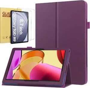 Galaxy Tab A9 (SM-X110/ SM-X115/ SM-X117) Case with 2PCS Tempered Glass Screen Protector for Samsung Galaxy Tab A9 Tablet 8.7 inch-Magnetic Closure Protective Folio Cover with Auto Sleep Wake (Purple)