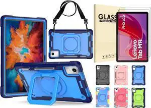 Case for Lenovo Tab M11 with Screen Protector - Lenovo Tab M11 11 inch Case Hybrid Shockproof 360 Rotating Multi-Functional Ring Stand Case with Shoulder Straps and 2PCS Tempered Glass (Blue)