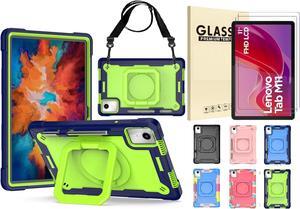 Case for Lenovo Tab M11 with Screen Protector - Lenovo Tab M11 11 inch Case Hybrid Shockproof 360 Rotating Multi-Functional Ring Stand Case with Shoulder Straps and 2PCS Tempered Glass (Blue/Green)