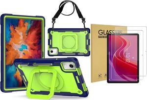 Case for Lenovo Tab K11 LTE with Screen Protector- Lenovo Tab K11 11 inch Case Hybrid Shockproof 360 Rotating Multi-Functional Ring Stand Case with Shoulder Straps and 2PCS Tempered Glass (Blue/Green)