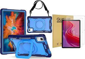 Case for Lenovo Tab K11 LTE with Screen Protector- Lenovo Tab K11 11 inch Case Hybrid Shockproof 360 Rotating Multi-Functional Ring Stand Case with Shoulder Straps and 2PCS Tempered Glass (Blue/Blue)