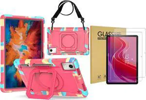 Case for Lenovo Tab K11 LTE with Screen Protector- Lenovo Tab K11 11 inch Case Hybrid Shockproof 360 Rotating Multi-Functional Ring Stand Case with Shoulder Straps and 2PCS Tempered Glass (Candy Pink)