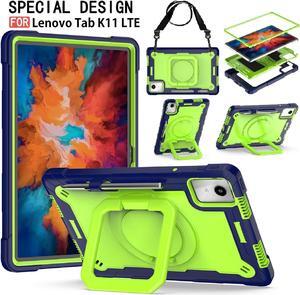 anicestore Lenovo Tab K11 LTE Case Heavy Duty Rugged Protective Bumper Cover with 360 Rotatable Ring Holder Kickstand Shoulder Strap Shockproof Case for Lenovo Tab K11 LTE 11" Tablet (Navy Blue/Green)