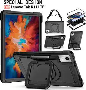 anicestore Lenovo Tab K11 LTE Case Heavy Duty Rugged Protective Bumper Cover with 360 Rotatable Ring Holder Kickstand Shoulder Strap Shockproof Case for Lenovo Tab K11 LTE 11" 2024 Tablet (Black)