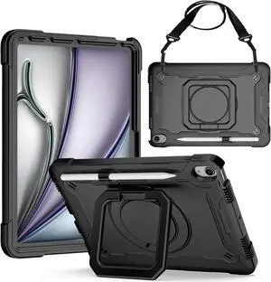 anicestore Case for iPad Air (M2) 11 inch (2024) Hybrid Shockproof 360 Rotating Multi-Functional Ring Stand Cover Bumper Case with Shoulder Straps for Apple iPad Air 11" 6th Generation - Black/Black
